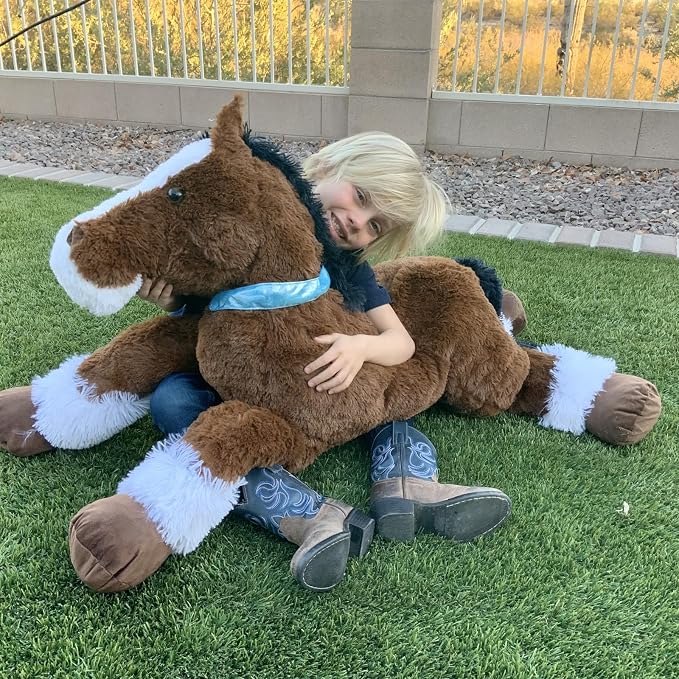 Tezituor 4ft Realistic Giant Horse Stuffed Animals, 47 inch Chocolate Large Stuffed Horse Farm Plush Toy, Hugging Soft Pony Plush Body Pillow for Boys Girls Christmas Birthday