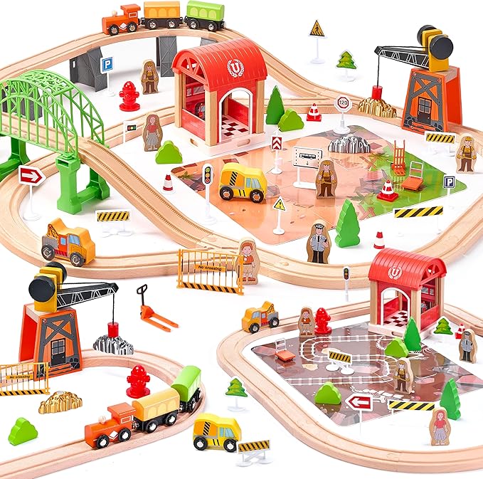 Wooden Train Set 102-Piece for Toddlers Kids Ages 3-8, Double-Sided Expandable Train Track with Puzzles & Magnetic Crane Toys, STEM Railway Playset Gifts Compatible with Major Brands for Boys Girls