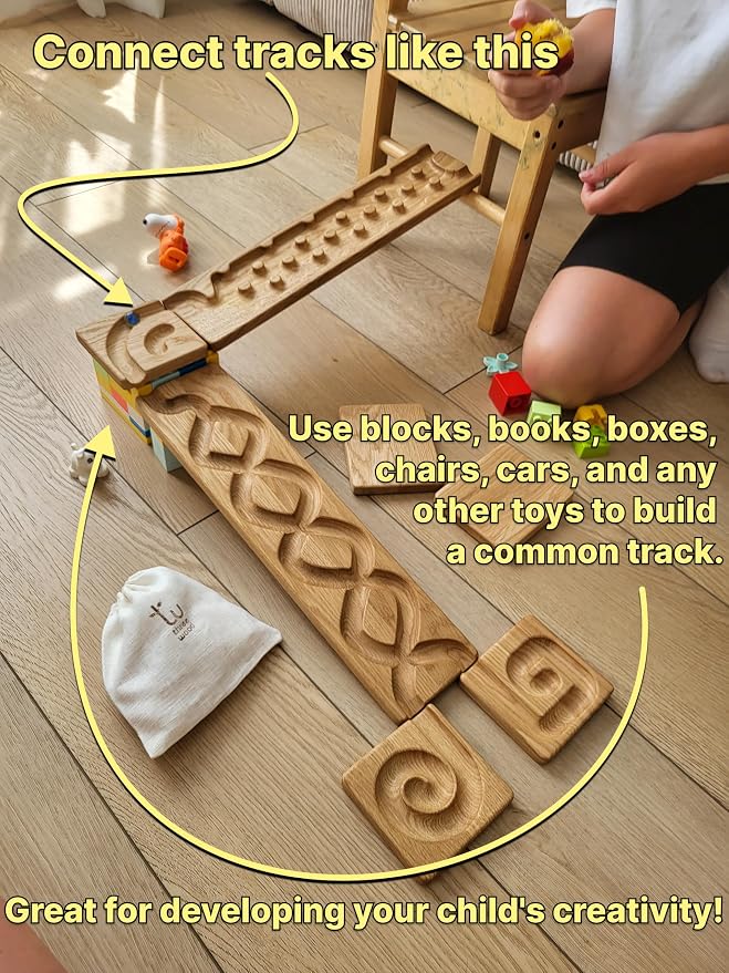 Wooden Marble Run Track Set of 2 – Montessori STEM Toy for Kids –Race Machine & Maze Board – Educational Wooden Roller Track Game – Rocks & Whirlpool Run Gift for Children