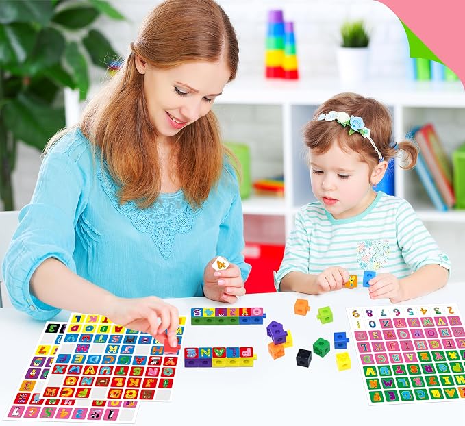 100 Math Linking Cubes, Math Cubes with 384 Reusable Stickers-Letters, Numbers, Shapes, Manipulative Geometric Connecting and Counting Blocks, Educational Toy for Kids Math Learning and Fun Activities