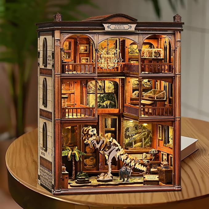 ISSEVE Book Nook Kits for Adults, DIY Booknook Kit Miniature Dollhouse Book Nooks, 3D Wooden Puzzle Model Building Creative Bookshelf Home Decoration Adult Crafts Kits Gift (Dinosaur Fossil Museum)