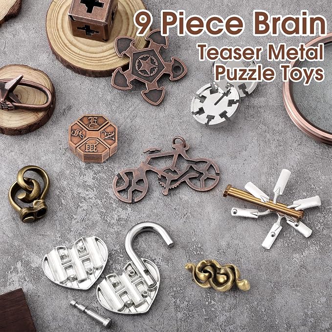 Wettarn 9 Pcs Metal Brain Teaser Puzzles 3D Steel Puzzle Set for Adults IQ Logic Challenge Disentanglement Unlock Interlocking Games Smart Logic Test Toys for Adults Mind Challenge(Fresh Style)