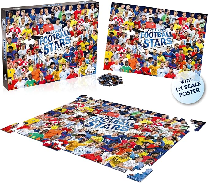 Winning Moves Games World Football Stars 1000 Piece Jigsaw Puzzle, Featuring Harry Kane, Pelé, Maradona, and More, for Ages 4 Plus