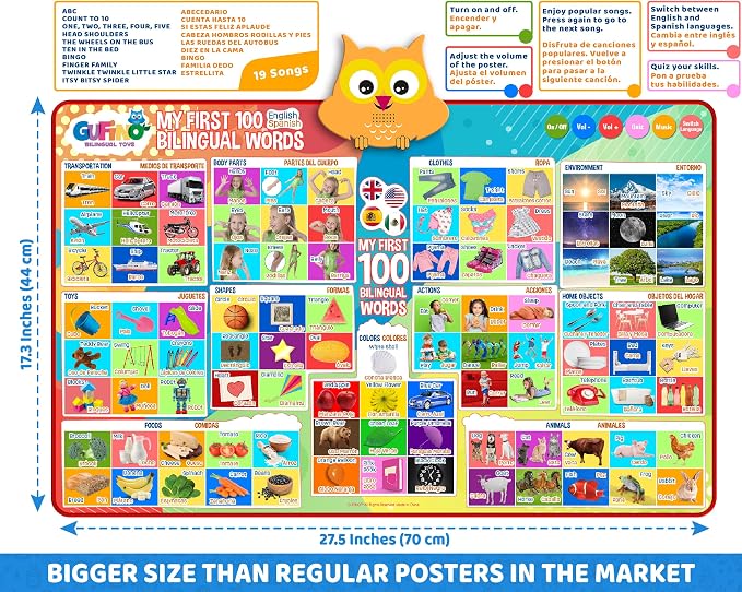 First 100 Words Bilingual Electronic Alphabet Poster – Interactive Learning Chart for Kids | 100 First Words in English & Spanish | Educational Talking Wall Poster