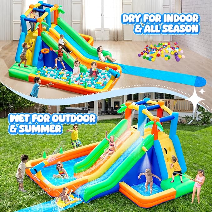 FINCOME Inflatable Water Slide Bounce House with Extend Long Splash Waterslide for Kids Backyard, Blow Up Bouncy Castle Park with 2 Water Pool, Basketball Hoop, Water Cannon for Indoor, Outdoor, Party