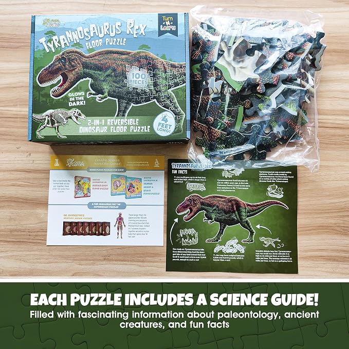 Tyrannosaurus Rex Dinosaur Jigsaw Puzzle | 100-Piece Double Sided Floor Puzzle with Glow-in-the-Dark Skeleton On Other Side | 4 FT Scientifically Accurate Dino Illustration | Educational Toy for Kids