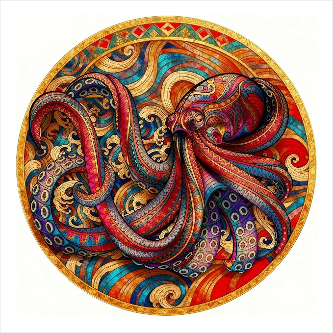 Hartmaze Octopus Riding Wave Wooden Puzzle, 178 Unique Irregular Pieces, 11.2x11.2 Inch, Exquisite Wooden Gift Box, Ocean Art Jigsaw for Adults & Kids 8+