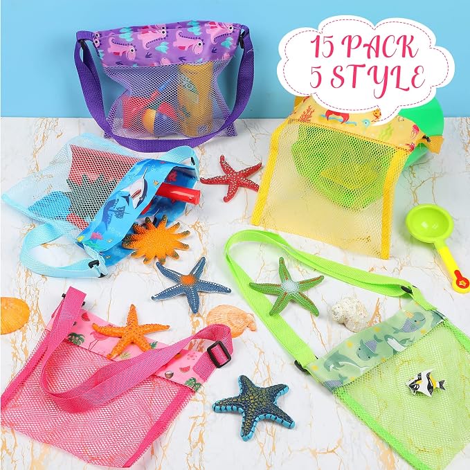 Frienda 15 Pack Mesh Beach Tote Bag, Seashell Bags, Bag Toys Organizer for Holding Beach Children' Toys Market Picnic(9.06 x 9.06 Inch,Cute Style)