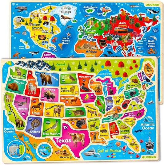 QUOKKA Wooden Puzzles for Kids Ages 4-6 - 2 Realistic USA and World Map Puzzles for Kids Ages 3-5 - Montessori Wood Educational Toys for Toddlers 2-4 Years Old - Geography Learning Games for 6-8 yo