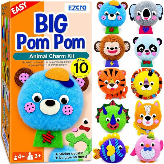 EZCRA Big Pom Pom Animal Craft Kit for Kids Ages 4-8 - DIY Pom Pom Crafts for Girls Boys Toddlers - Make 10 Plush Animals - Mess Free Arts and Crafts Kit