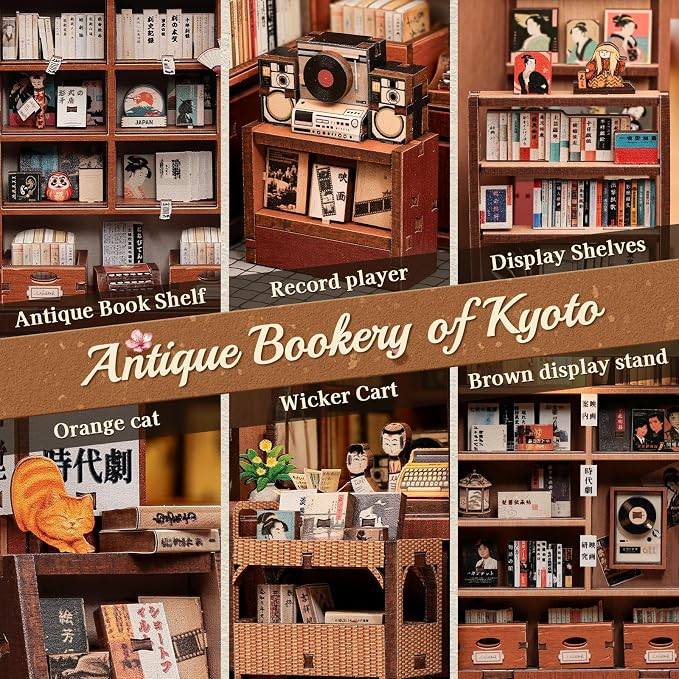 Cutefun Book Nook Kit - DIY Miniature Dollhouse kit for Adults, 3D Wooden Puzzle Vintage Japanese Bookshelf Insert Decor, Nostalgic Showa Era Craft Kits with LED (Antique Bookery of Kyoto)