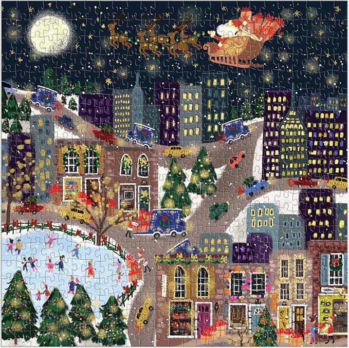 Galison Presentville 500 Piece Holiday Foil Puzzle Featuring Beautiful Artwork of A Cozy and Festive City Scene by Joy Laforme