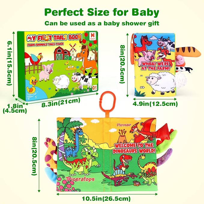 Helsort Soft Baby Books for 0-18 Months, 2PCS Crinkle Cloth Book - Dinosaur and Farm Themes, Tummy Time Toys for Infants 0-6-12-18 Months, Sensory Books for Babies, Ideal Christmas