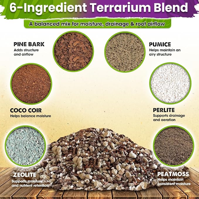 DUSPRO Premium 6in1 Terrarium Soil Mix – Pre-Mixed Terrarium Substrate Mix for Terrariums, Balanced Moisture Growing Medium with Coco Coir, Peat Moss, Pine Bark, Perlite, Pumice & Zeolite 8QRT