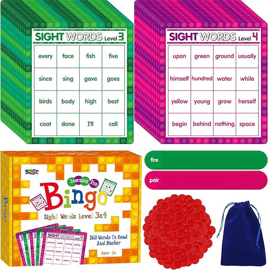 SpriteGru Sight Word Bingo Game, 160 Sight Words Learn to Read Level 3 & Level 4 Bingo Board Game Dolch's & Fry's Words Lists for Kindergarten and Preschool Kids 4-8, Perfect for Classroom & At Home