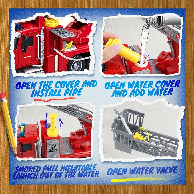 SMILESSKIDDO Fire Truck Toy - 1:12 Large Friction Powered Fire Rescue Truck with Water Pump, Extendable Ladder, Lights & Siren Sounds, Christmas Birthday Gift, Kids Toys for Age 3, 4, 5, 6, 7