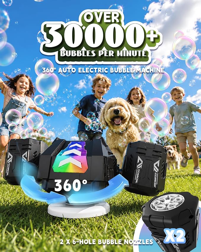 New RC Bubble Machine,RGB Light 360° Auto Rotation Rechargeable Bubble Makers High Capacity Bubble Blower for Kids Wedding Party Indoor Outdoor