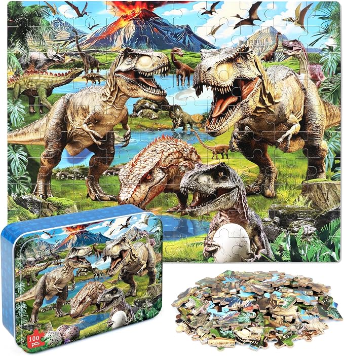 MZZOTOY Dinosaur World Puzzles for Kids Ages 4-8, 100 Pieces Jigsaw Puzzles for Kids Ages 3-5 Puzzle for Girls and Boys Learning Educational Puzzles Toys in a Metal Box