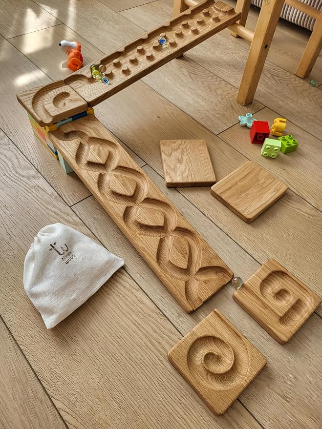 Wooden Marble Run Track Set of 2 – Montessori STEM Toy for Kids –Race Machine & Maze Board – Educational Wooden Roller Track Game – Rocks & Whirlpool Run Gift for Children