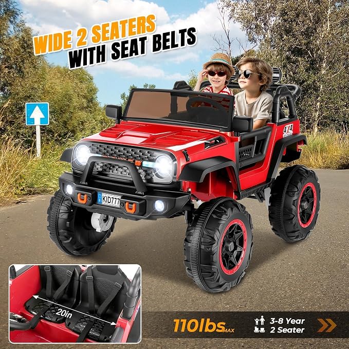 Hikole 24 Volt Electric Ride on Car, 2 Seater Battery Powered Car for Big Kids with Remote Control, 4WD/2WD Switchable Ride on Truck w/4 Spring Suspension, Music, 20" Wide Seat -Red