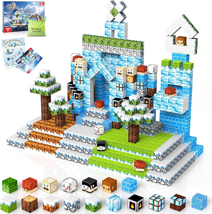 150PCS Magnetic Blocks, Magnetic Building Blocks, Magnet Blocks Cubes, STEM Educational Stacking Magnet Toy for Kids Ages 3 4 5 6 7 8 9 10 11 12, Birthday Gifts for Boys and Girls - Snow World