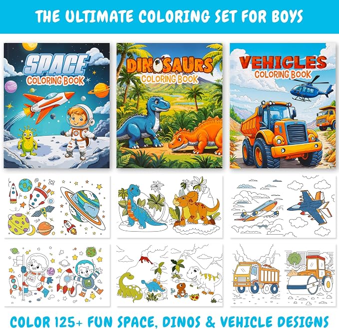 ZICOTO Fun Coloring Books for Kids Set of 3 - Exciting Dinosaur, Space & Trucks Coloring Book for Boys Ages 4-8 - Easy to Color Gift for Travel with Cute Themes for Your Creative Little Toddler 1-3