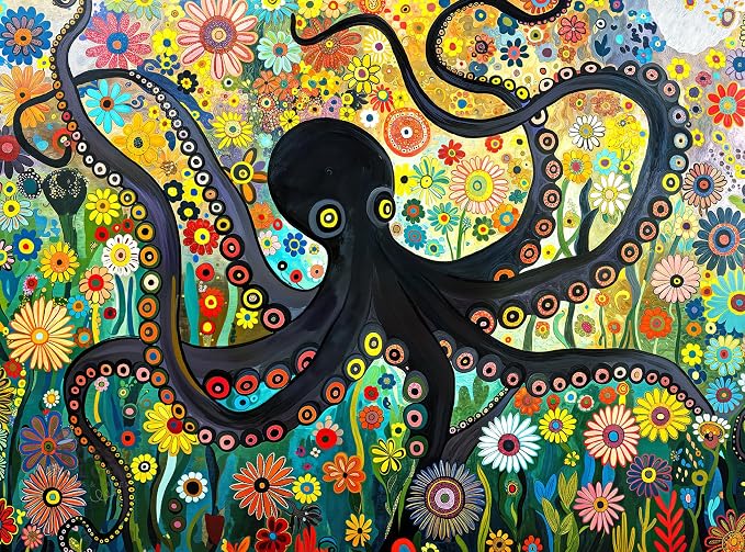 Cross & Glory - The Octopus Who Grew Flowers - 1000 Piece Jigsaw Puzzle for Adults | Vibrant Octopus and Floral Artwork | Challenging Puzzle for Adults | Eco-Friendly Materials