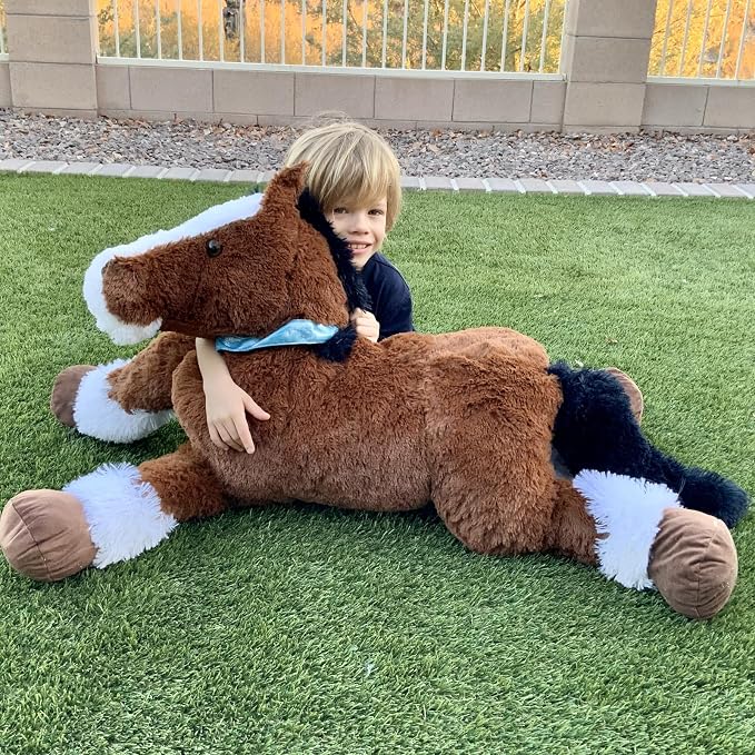 Tezituor 4ft Realistic Giant Horse Stuffed Animals, 47 inch Chocolate Large Stuffed Horse Farm Plush Toy, Hugging Soft Pony Plush Body Pillow for Boys Girls Christmas Birthday