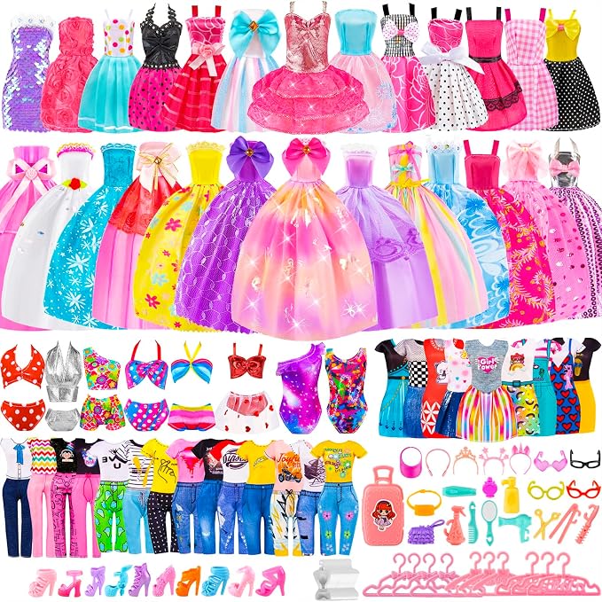 110 Pcs Doll Clothes and Accessories Dress up Toys for Girls with Wedding Dresses, Casual Dresses, Casual Jumpsuit, Swimsuits Bikini, Glasses, Shoes, Hangers, Doll Clothes Toys for Girl Gift