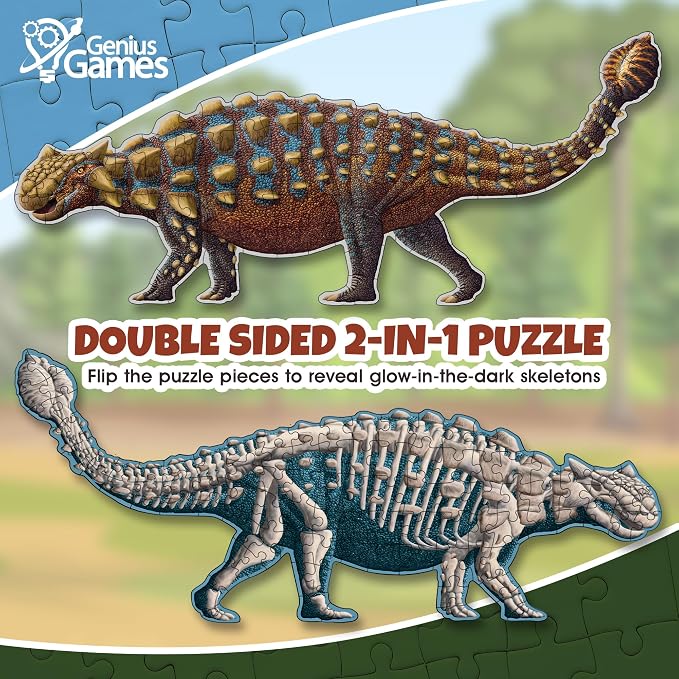 Ankylosaurus Dinosaur Jigsaw Puzzle | 100-Piece Double Sided Floor Puzzle with Glow-in-the-Dark Skeleton On Other Side | 4 FT Scientifically Accurate Dino Illustration | Educational Toy for Kids