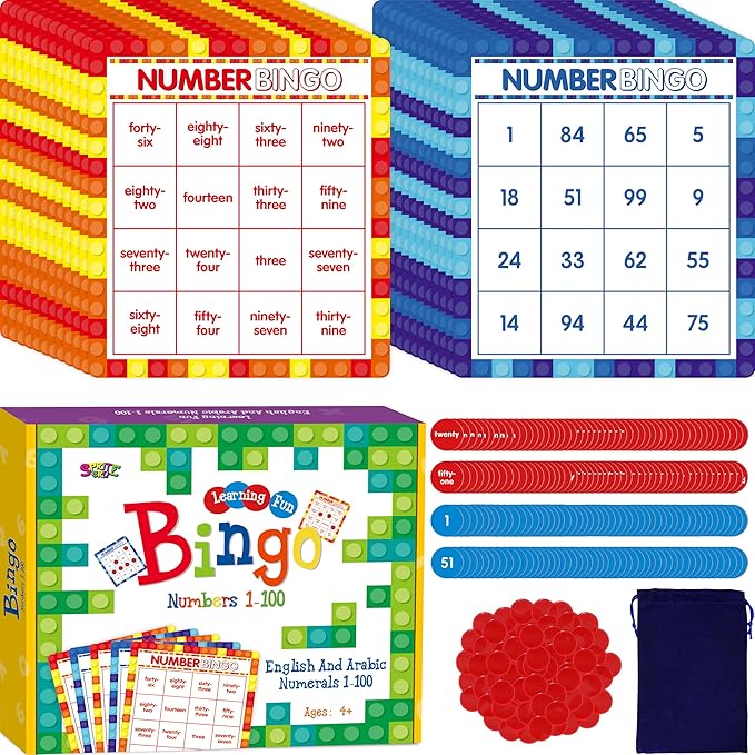 SpriteGru Number Bingo Game, Number 1-100 Bingo Board Game Learn & Count to Read 2 Versions Number Recognition Game for Kids 5-12, Perfect for Classroom & At Home