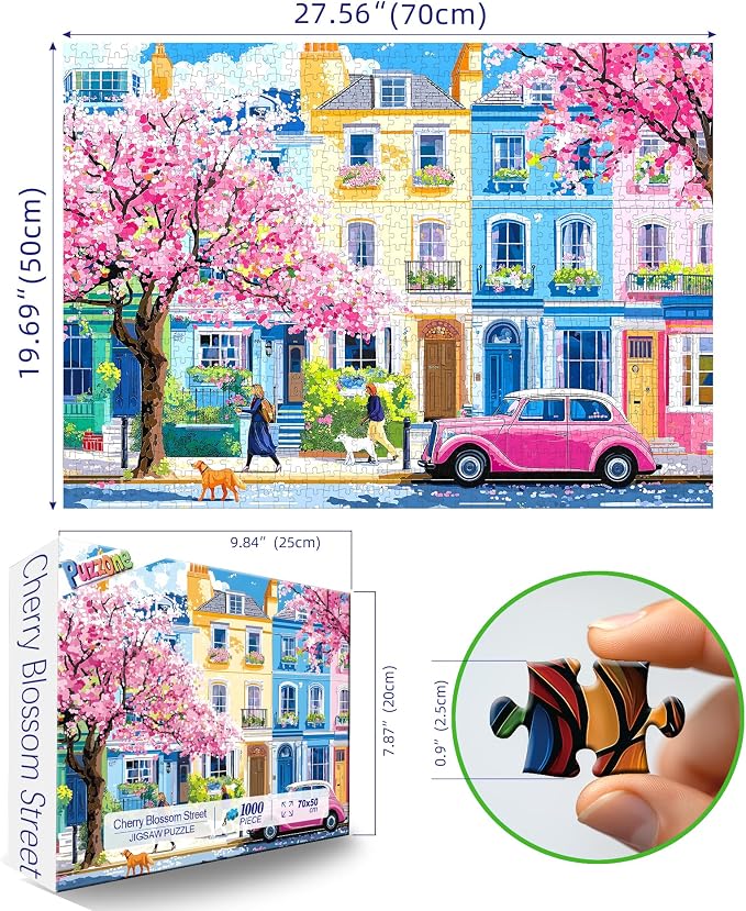 Puzzles for Adults 1000 Pieces Urban Cherry Blossom Spring Street and Pink Vintage Car Art Jigsaw Puzzle for Family Fun Challenging, Party Game Gifts Decoration (27.5" x 19.7")