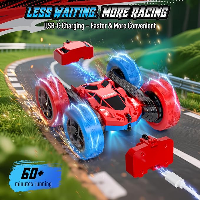Hamdol STEM Remote Control Car for Kids, 360° Spinning Double-Sided Coloured Design RC Stunt Car with LED Lights, USB-C Rechargeable Educational Toy for Boys Ages 6–12, Ideal Birthday
