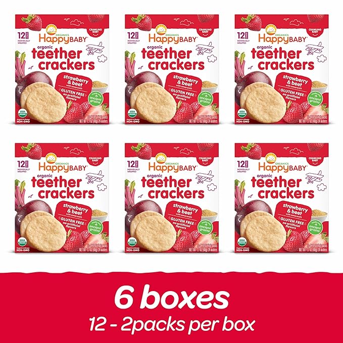 Happy Baby Organics Baby Snacks, Gentle Teething Crackers, Gluten Free & Vegan, Strawberry & Beet, 12 Count (Pack of 6)