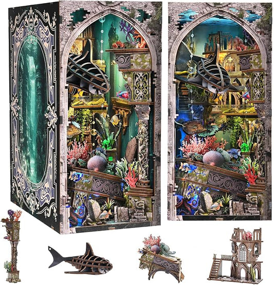 fifijoy Book Nook Kit - DIY Miniature Dollhouse for Adults and Teens, Creative Bookshelf Decor 3D Wooden Puzzle Bookend with LED Light, Unique Gift for Family and Friends (Lost City of Atlantis)