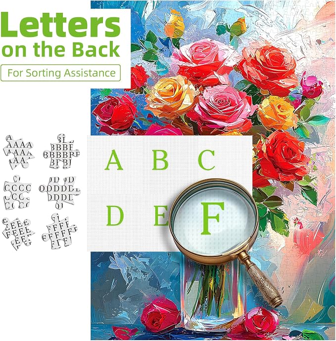 1000 Piece Puzzles for Adults, Rose Flowers Jigsaw Puzzles 1000 Pieces for Adults Oil Painting Floral Art Design with Letters On Back for Family Challenging Decor Great Gift, 27.5 x 19.7 Inch