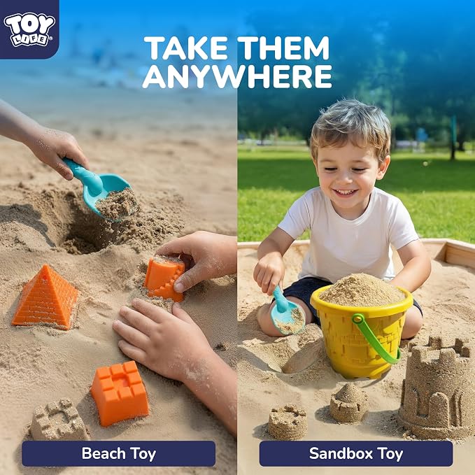 TOY Life Kids Beach Sand Castle Bucket Set, 2 Buckets with Mesh Bag, 6 Molds, 2 Shovels, Colorful Plastic Beach Toys for Summer Play