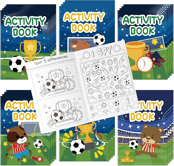 Dvbonike 24Pcs Soccer Activity Books for Kids - Football Mini Fun Games Coloring Book in Bulk Animals Sport Goal Party Favors Goodie Bags Stuffers for Birthday Classroom School Rewards Supplies