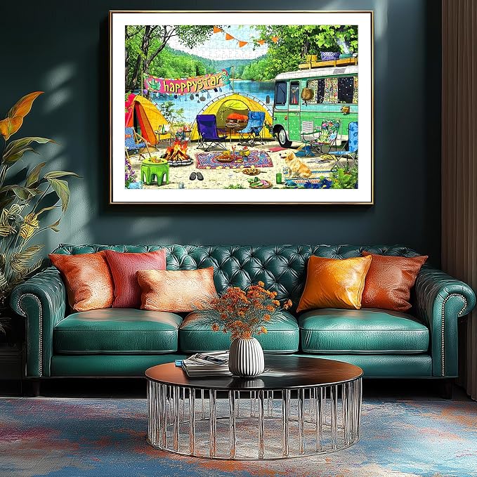 500 Pieces Jigsaw Puzzle for Adults, Vibrant Camping Scene with Retro Camper & Cute Pets, Thick Durable Cardboard, Ideal for Camping Enthusiasts & Puzzle Lovers