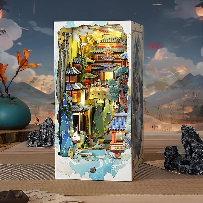Book Nook Kit for Adults, DIY Dollhouse Booknooks Penglai Wonderland Landscape Decor Chinese Landscapes Bookshelf Insert with Dust Cover LED 3D Wooden Puzzle Assembly Model Creative Gift