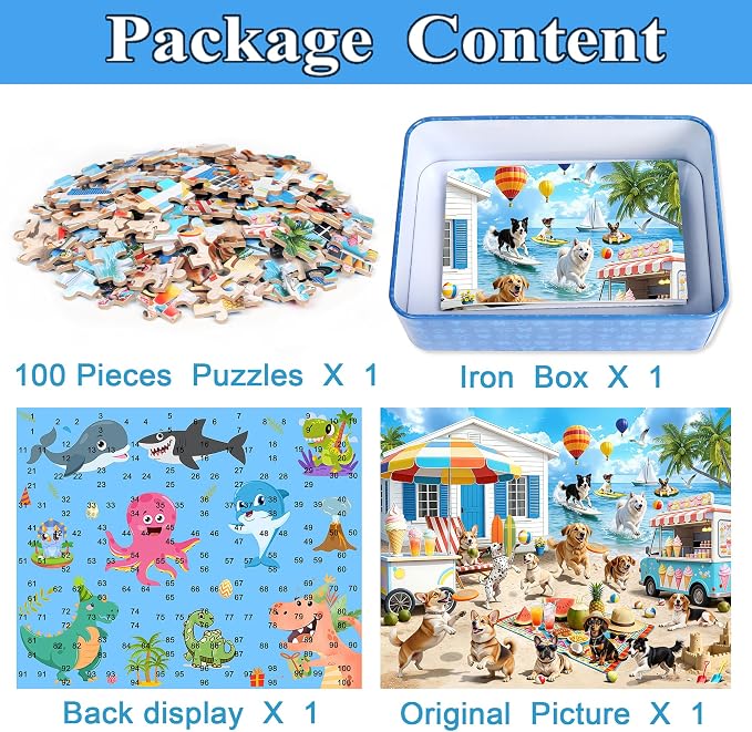 MZZOTOY Dog Beach Party Puzzle for Kids Ages 4-8, 100 Pieces Jigsaw Puzzles for Kids Ages 3-5， Learning Educational Puzzles Toys Great Gift for Boys Girls in a Metal Box
