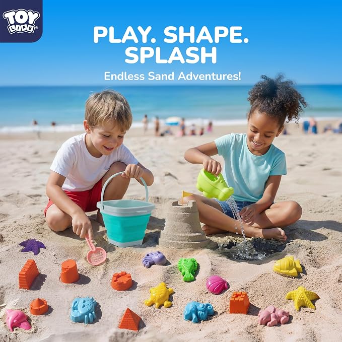 TOY Life 23 Pcs Ocean Beach Toys for Kids Ages 4-8 Collapsible Sand Toys with Watering Can, Silicone Bucket, Sand Castle Building Kit, Mesh Bag Ocean Animal Molds Travel Sandbox Toy for Summer Play
