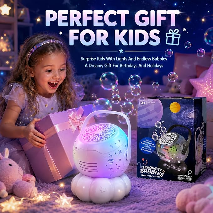 Bubble Machine for Kids, 3-in-1 Rechargeable Bubble Maker with 7 Night Light Star Projector, 30000+ Bubbles/Min, 600ml Large Capacity Electric Bubble Blower Toy for Weddings, Birthday Parties
