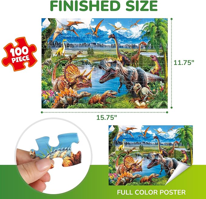 BenBen Puzzles for Kids Ages 4-6, 100 Pieces Dinosaur Puzzles for Toddlers 3-5, Learning & Educational Games for Kids 6-8, 15.75” x 11.75”