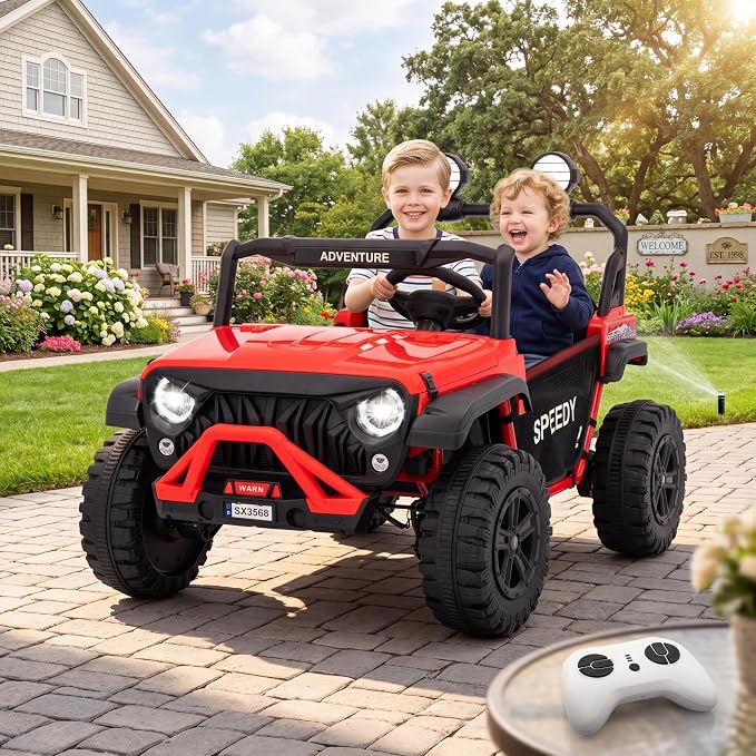 24V 2-Seater Ride on UTV Truck with Remote Control – 4WD Electric Vehicle Designed for Big Kids, Featuring Spring Suspension, Front and Behind LED Lights, Dual Storage Compartments, 3 Speed Settings,