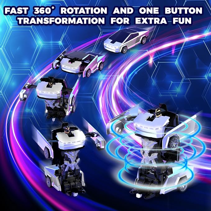 Transform RC Cyber Pickup Truck Cars Robot Toy for Kids, 2.4GHz Remote Control Car with One-Button Deformation 360° Rotation LED Lights Birthday Gifts for Boys Age 4-7-8-12（1:18 Scale）