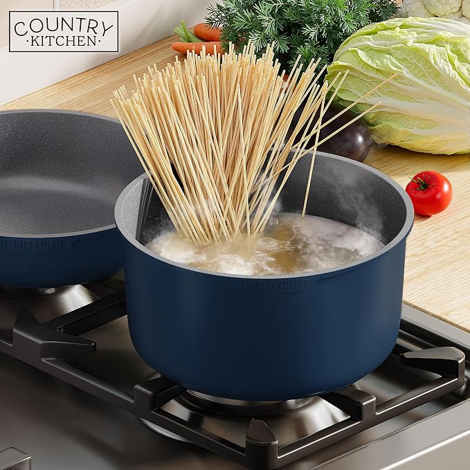 Country Kitchen Cookware Set with Removable Handle, Oven & RV Safe Pots and Pans Set, Denim, Original