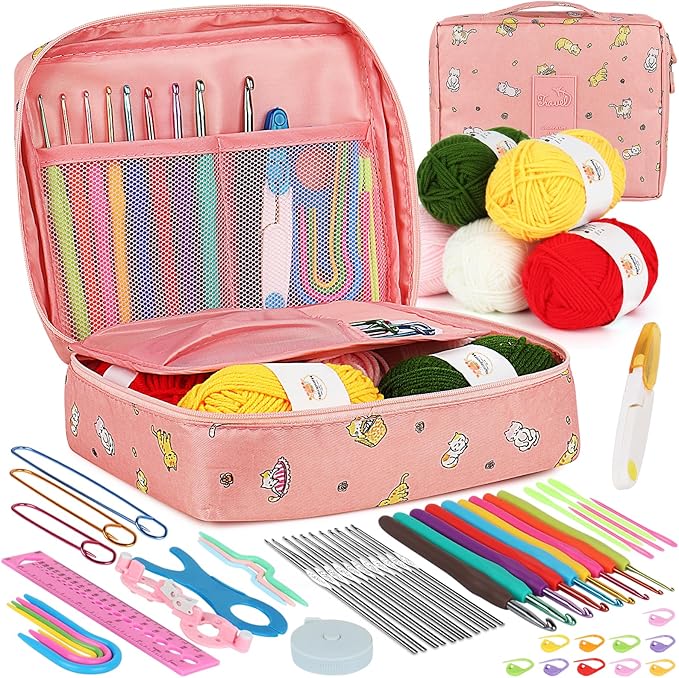 Aeelike Crochet Kit for Beginners, 59pcs Crochet Starter Kits with Yarn, Ergonomic Hooks & Storage Case, Learn-to-Crochet Set for Adults, Kids & Seniors, Ideal DIY Craft Gift for Women