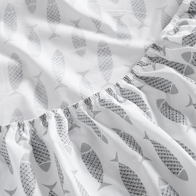 Nautica- King Sheet Set, Cotton Percale Bedding Set, Crisp & Cool, Lightweight & Breathable (Woodblock Fish Grey, King)