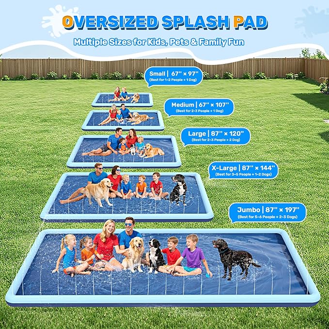 107 x 67 in Large Rectangle Splash Pad for Dogs & Kids, Non-Slip Sprinkler Pool, Extra Thick Shallow Water Play Mat for Backyard Summer Water Play, Teal